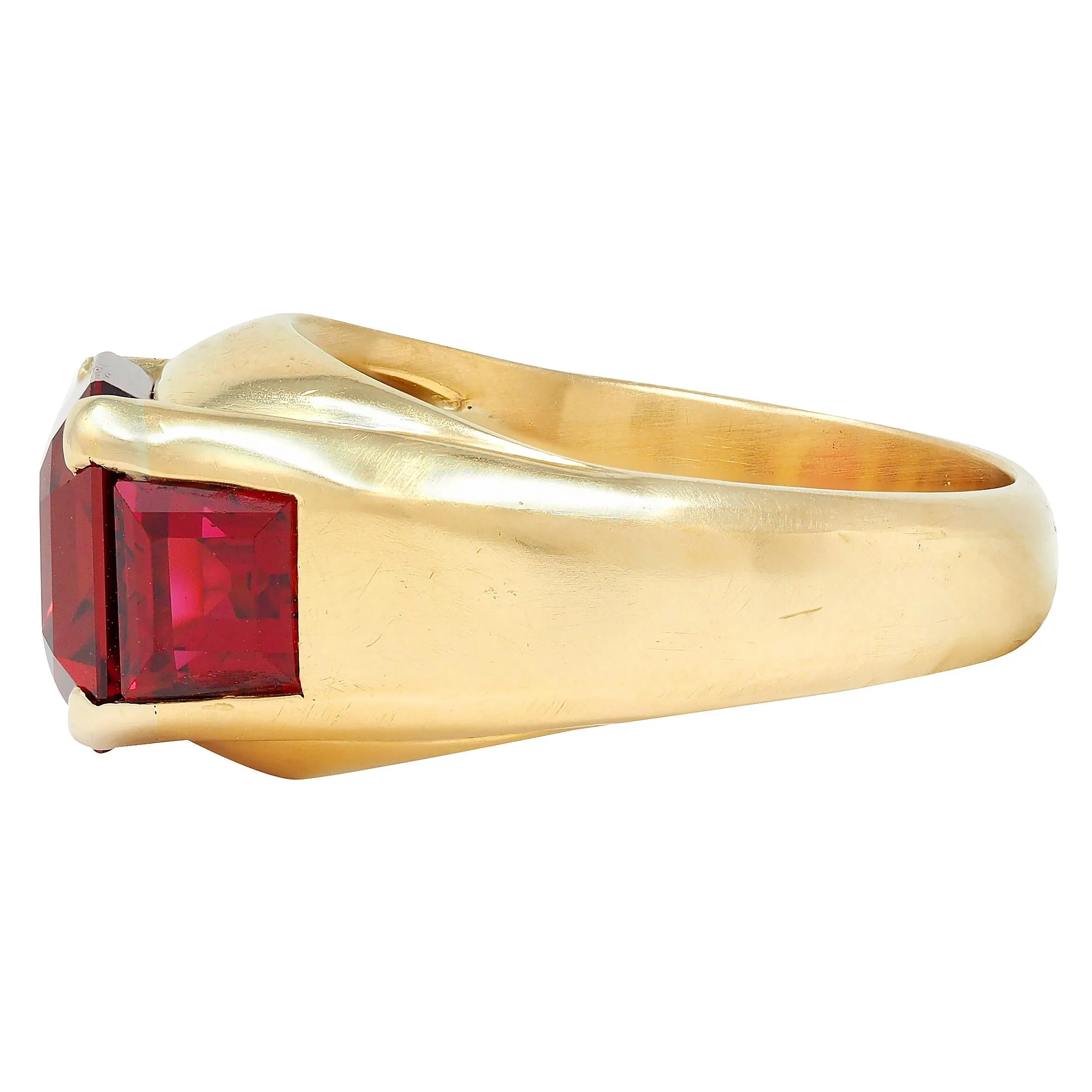 Bulgari 1970's Red Spinel 18 Karat Yellow Gold Vintage Three Stone Unisex Signet Ring