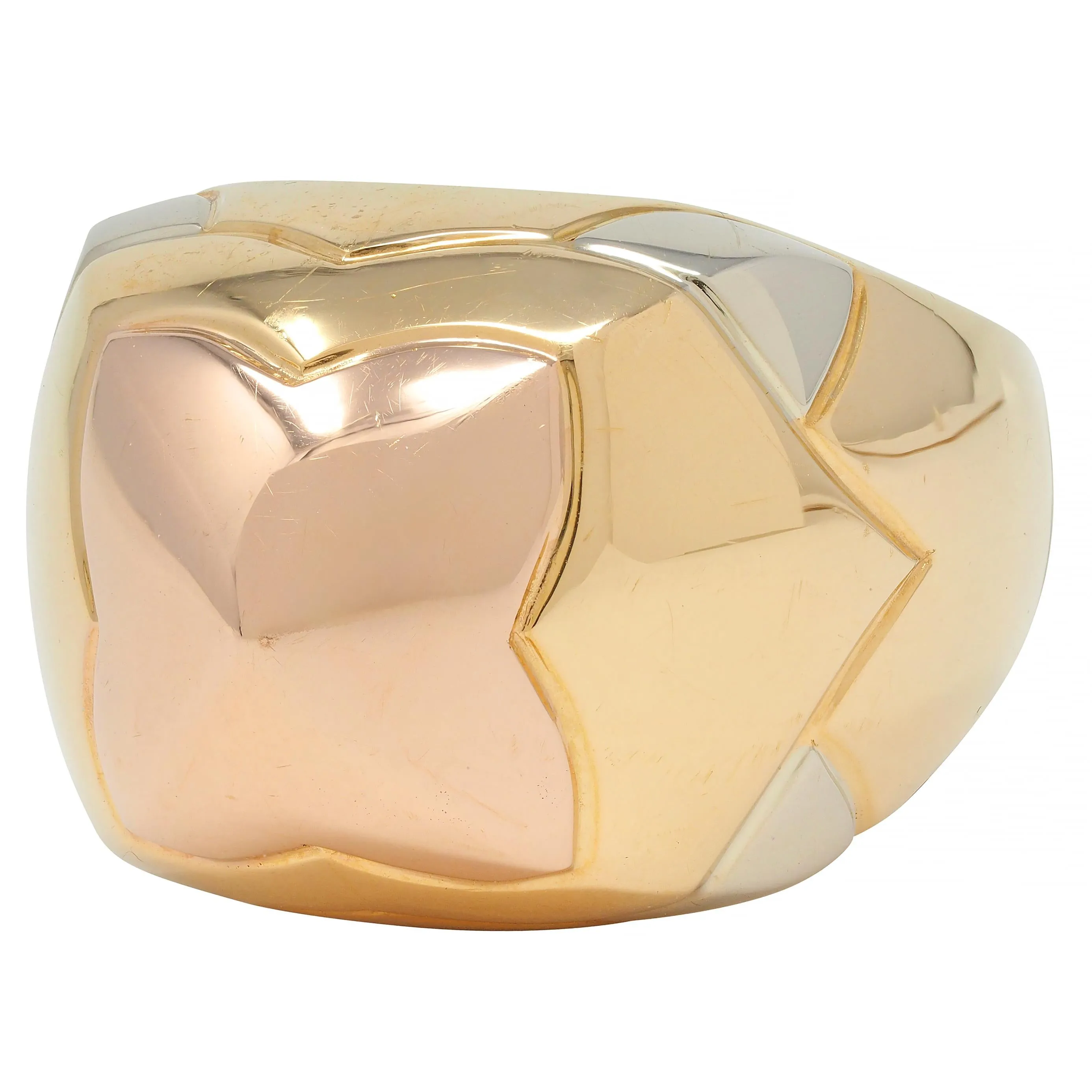Bulgari French 18 Karat Tri-Colored Rose Yellow White Gold Pyramid Quatrefoil Dome Ring
