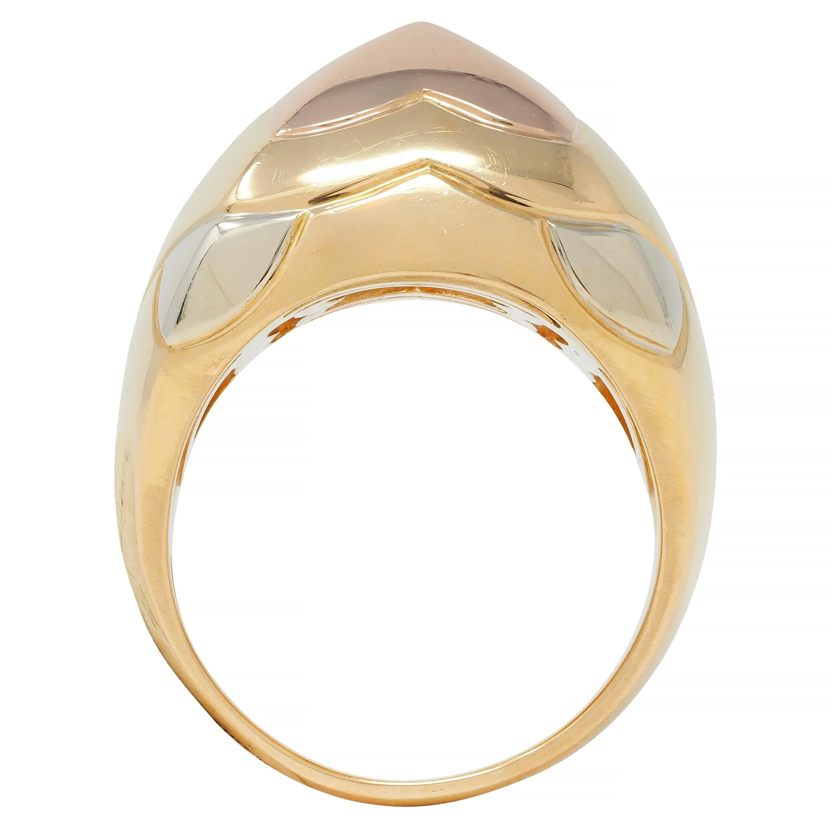 Bulgari French 18 Karat Tri-Colored Rose Yellow White Gold Pyramid Quatrefoil Dome Ring