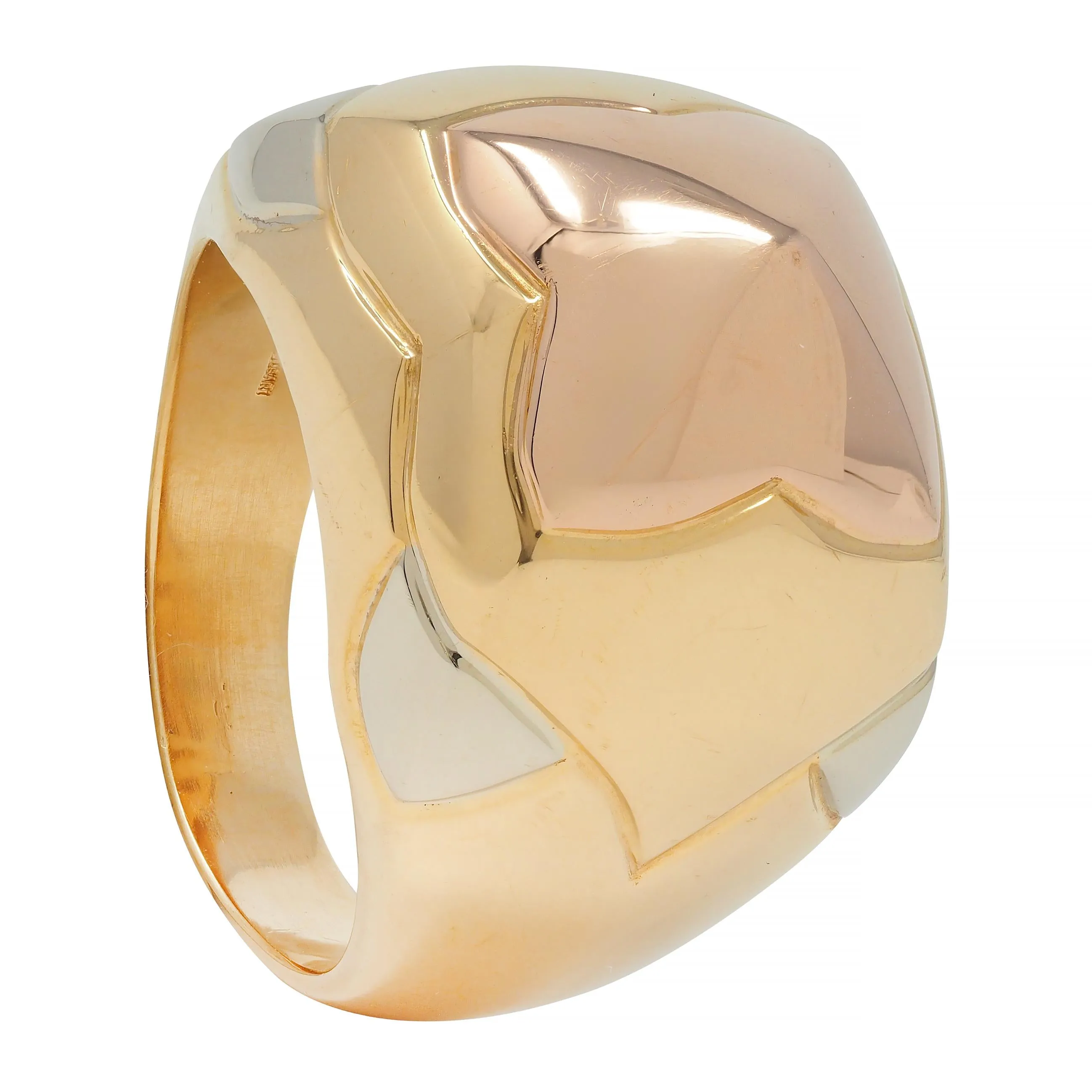Bulgari French 18 Karat Tri-Colored Rose Yellow White Gold Pyramid Quatrefoil Dome Ring