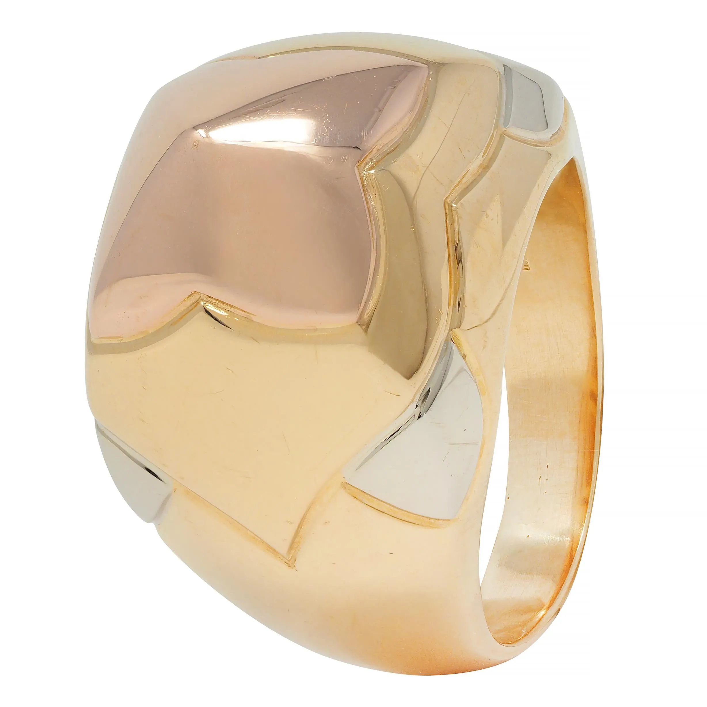 Bulgari French 18 Karat Tri-Colored Rose Yellow White Gold Pyramid Quatrefoil Dome Ring