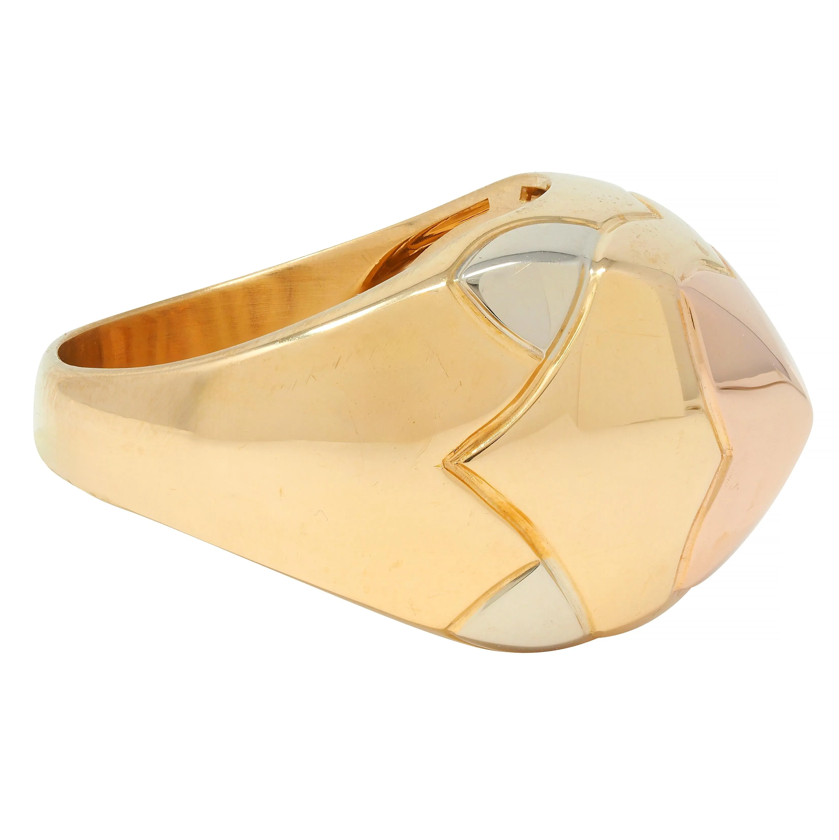 Bulgari French 18 Karat Tri-Colored Rose Yellow White Gold Pyramid Quatrefoil Dome Ring