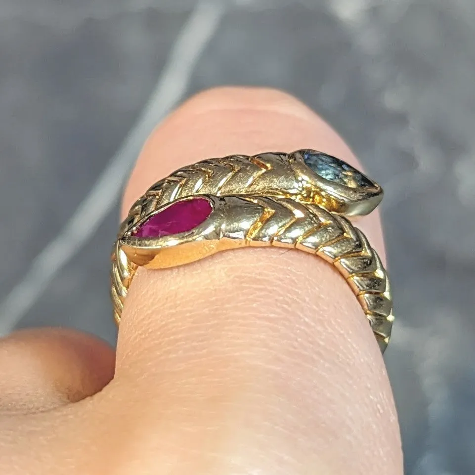 Bulgari Vintage Ruby Topaz 18 Karat Yellow Gold Spiga Tubogas Bypass Ring