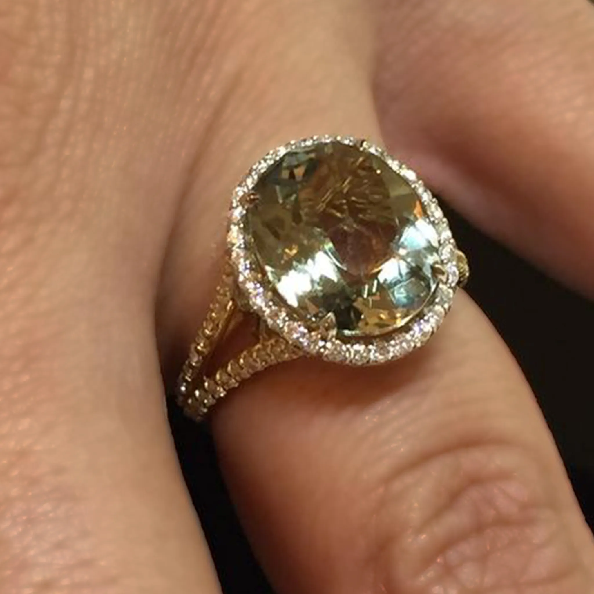 CA South Loop / Hyde Park 18 Karat Yellow and White Gold Paired with Green Amethyst with Diamonds Ring