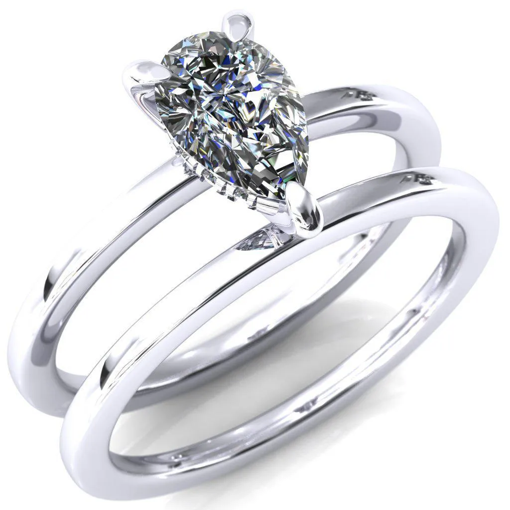 Carmeli Pear Moissanite 3 Claw Prong Micro Pave Diamond Rail Engagement Ring