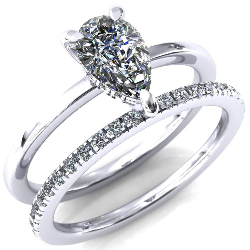 Carmeli Pear Moissanite 3 Claw Prong Micro Pave Diamond Rail Engagement Ring