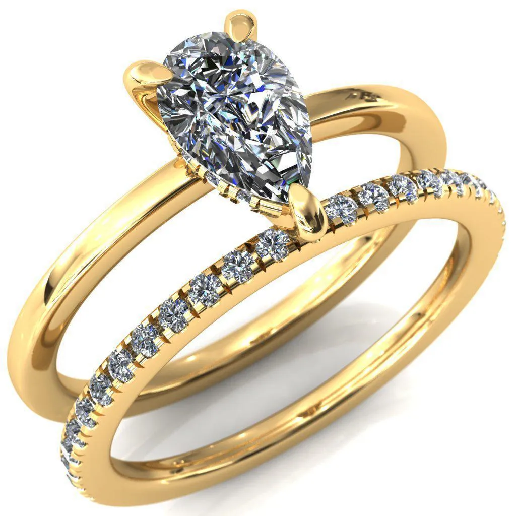 Carmeli Pear Moissanite 3 Claw Prong Micro Pave Diamond Rail Engagement Ring