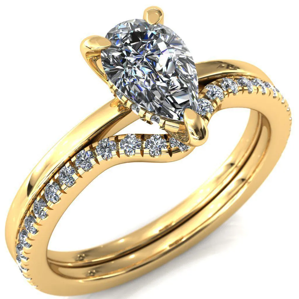 Carmeli Pear Moissanite 3 Claw Prong Micro Pave Diamond Rail Engagement Ring