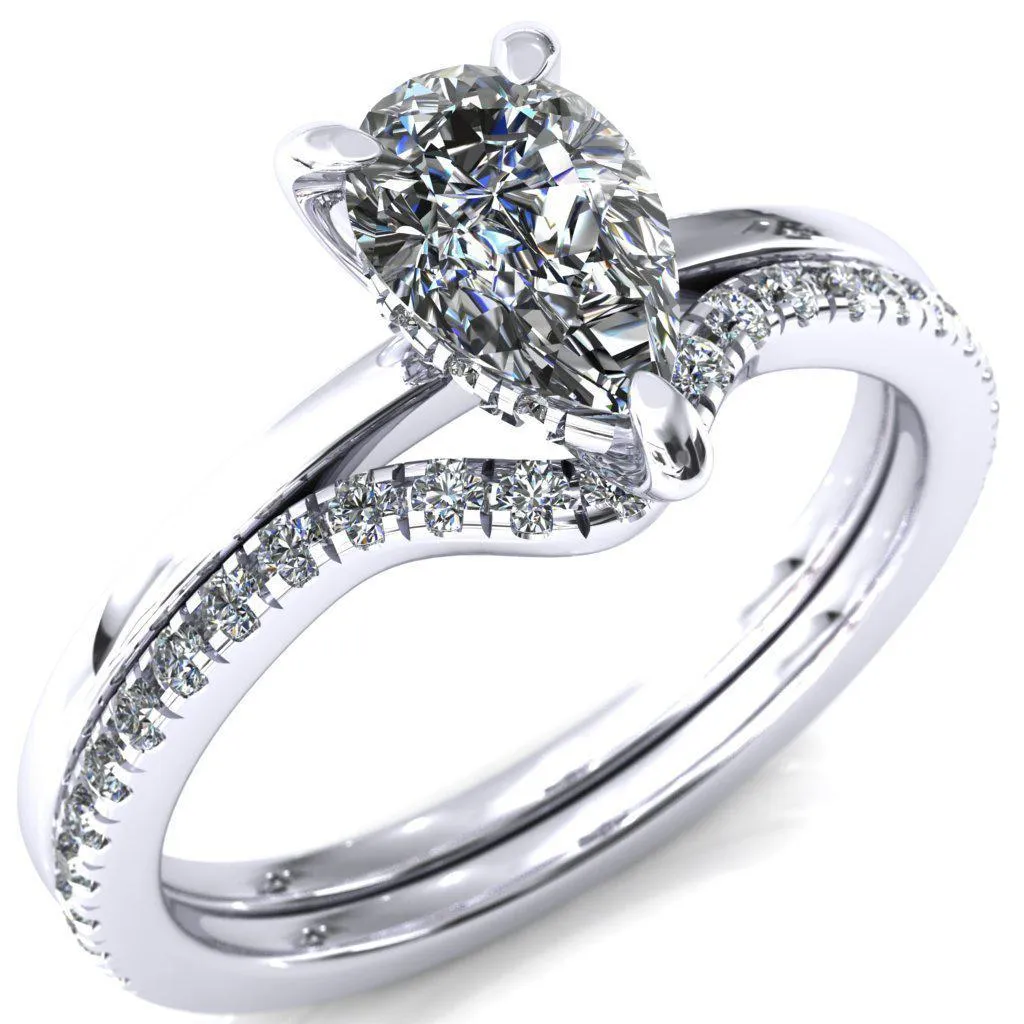 Carmeli Pear Moissanite 3 Claw Prong Micro Pave Diamond Rail Engagement Ring