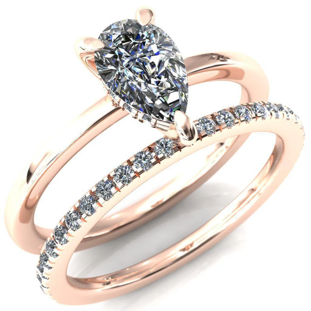 Carmeli Pear Moissanite 3 Claw Prong Micro Pave Diamond Rail Engagement Ring
