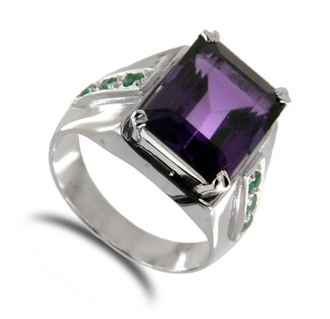 Certified Amethyst Gemstone Men's Ring With Emerald Accents