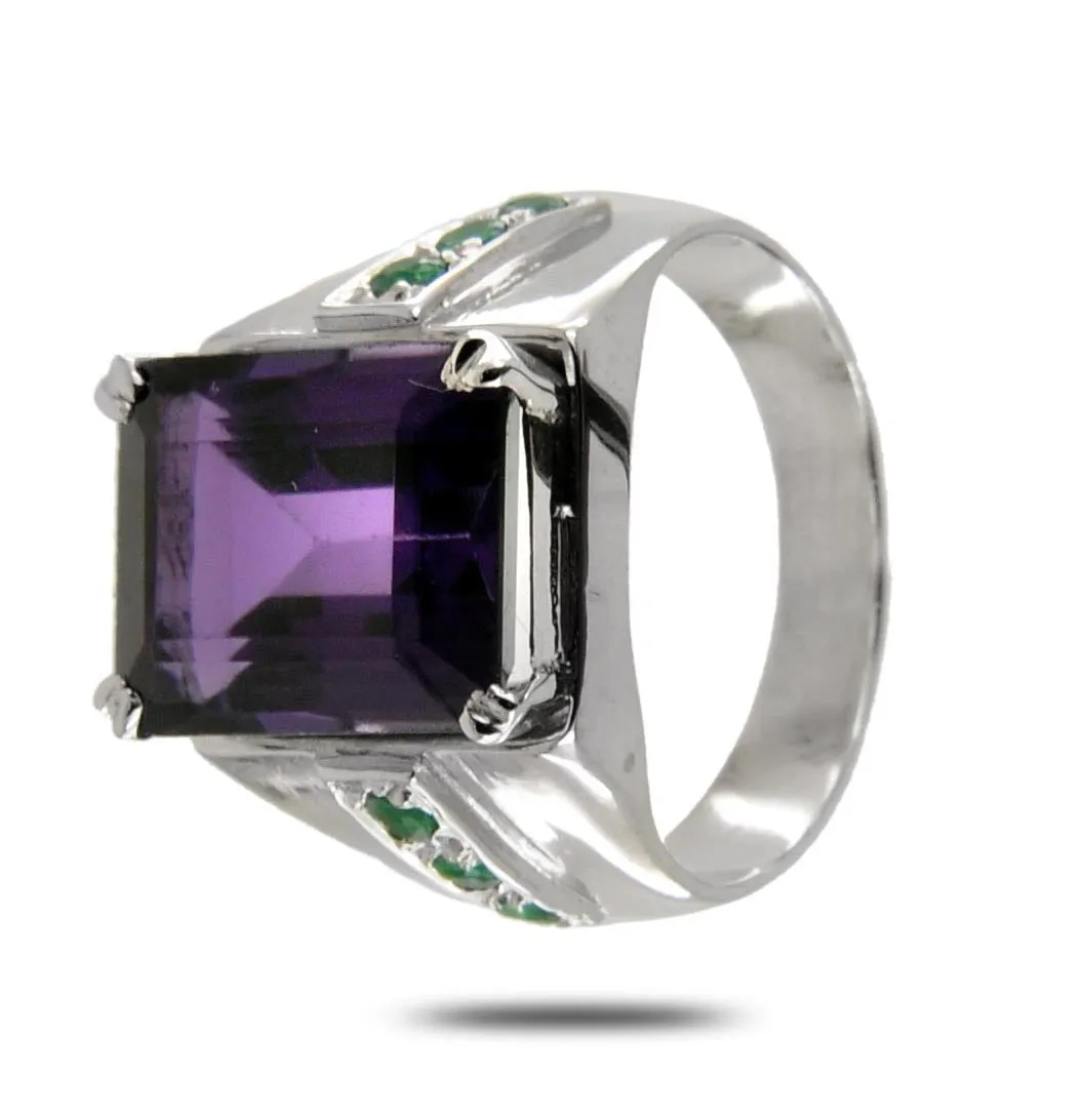 Certified Amethyst Gemstone Men's Ring With Emerald Accents