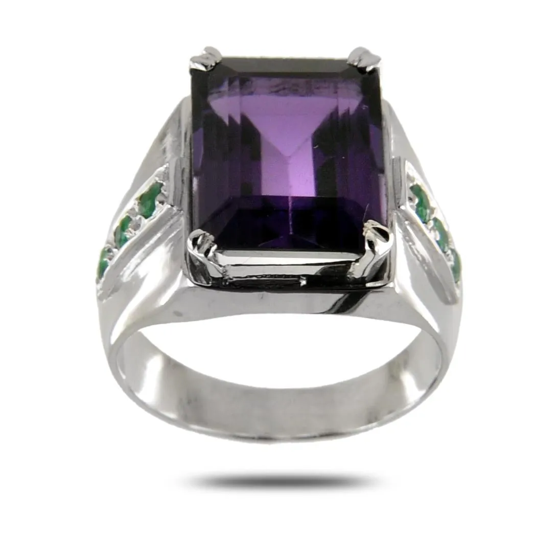 Certified Amethyst Gemstone Men's Ring With Emerald Accents
