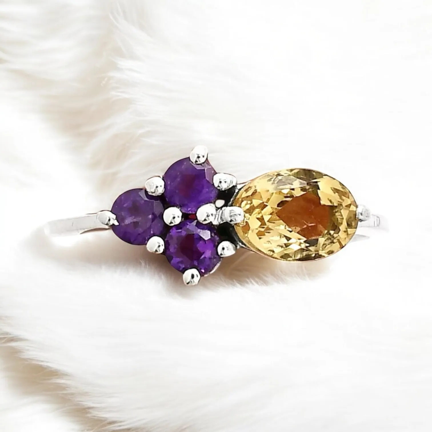 Citrine & Amethyst Solid 925 Sterling Silver Ring 7