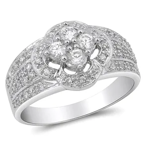 Clear CZ Cute Cluster Micro Pave Flower Ring Sterling Silver Band Sizes 6-10