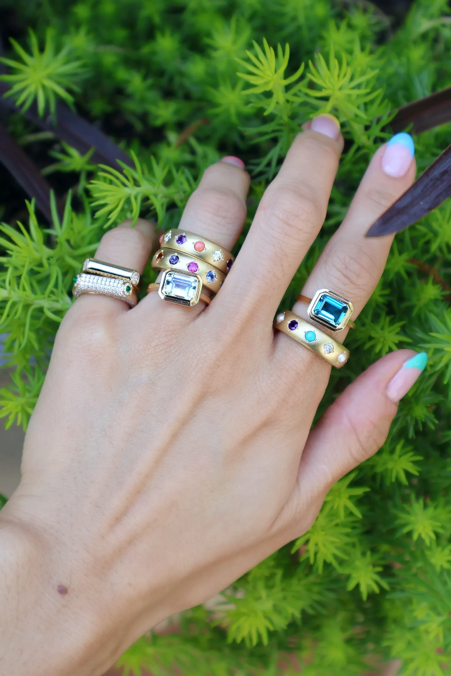 Coral, Amethyst and Diamond Gypsy Ring