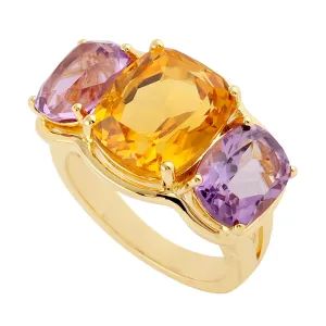 Cushion Cut Citrine & Amethyst Beautiful Three Stone Ring In Yellow Gold Wedding Gift