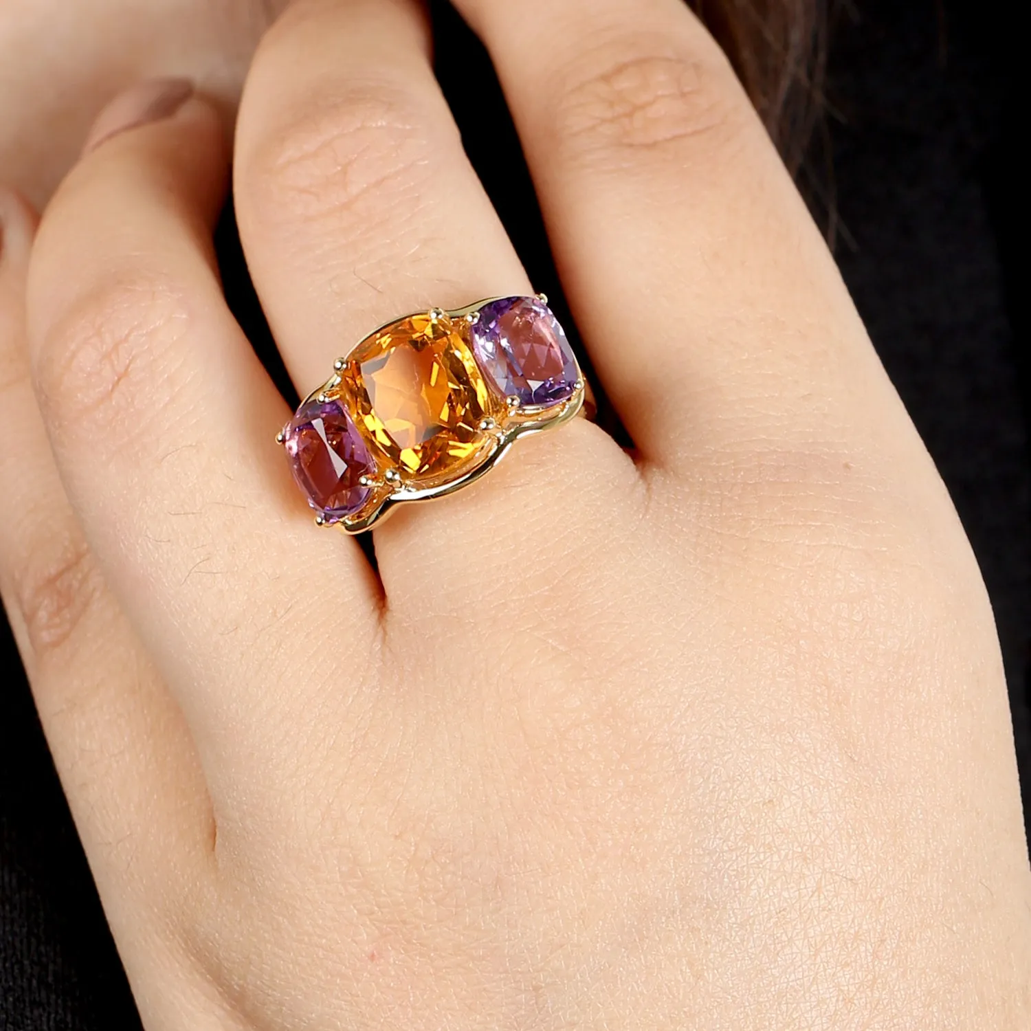 Cushion Cut Citrine & Amethyst Beautiful Three Stone Ring In Yellow Gold Wedding Gift
