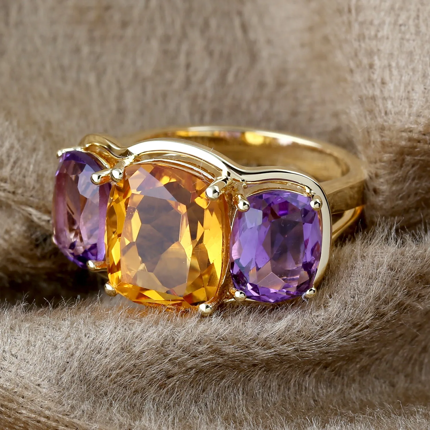 Cushion Cut Citrine & Amethyst Beautiful Three Stone Ring In Yellow Gold Wedding Gift