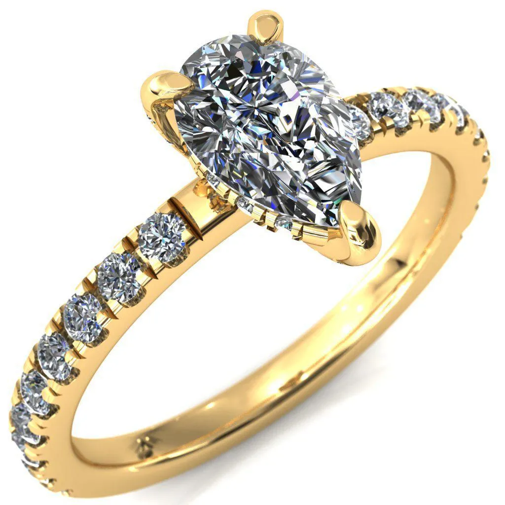 Daneli Pear Moissanite 3 Claw Prong Micro Pave Diamond Sides Engagement Ring