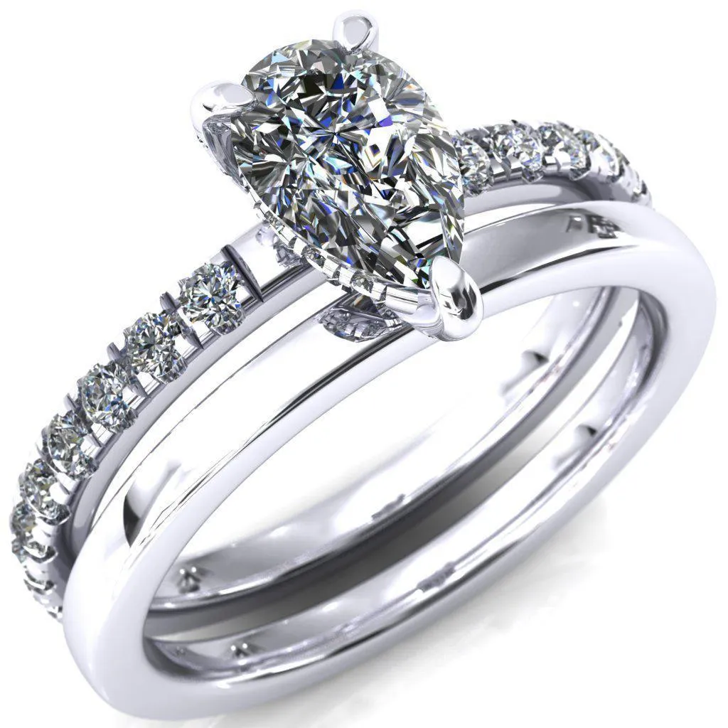 Daneli Pear Moissanite 3 Claw Prong Micro Pave Diamond Sides Engagement Ring
