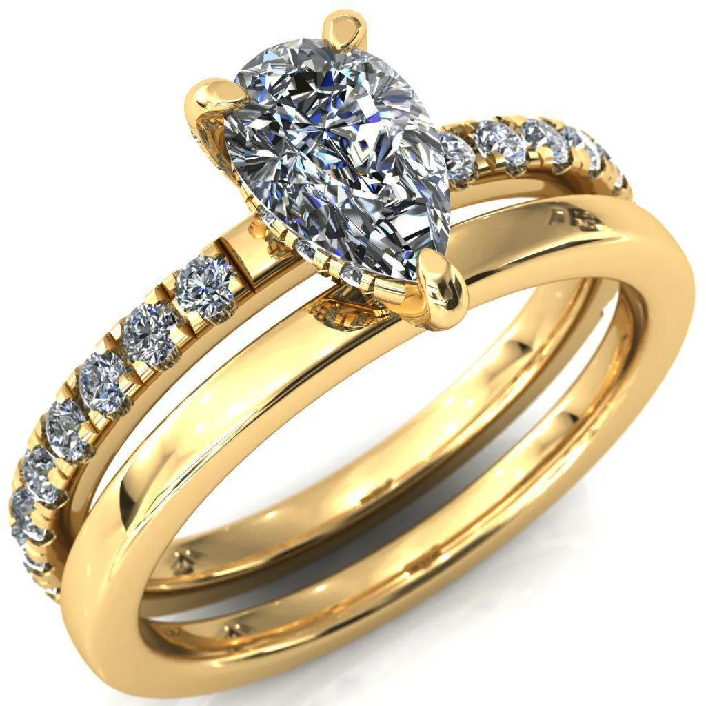 Daneli Pear Moissanite 3 Claw Prong Micro Pave Diamond Sides Engagement Ring