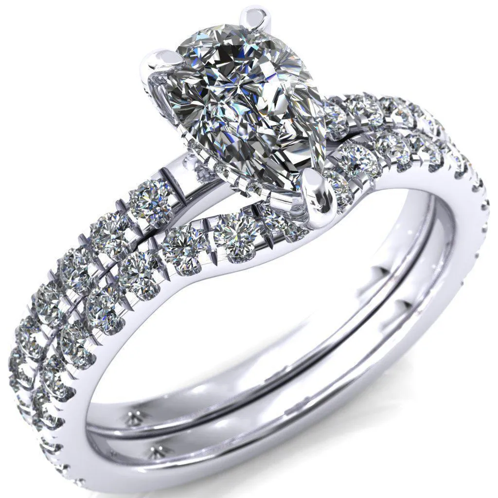 Daneli Pear Moissanite 3 Claw Prong Micro Pave Diamond Sides Engagement Ring