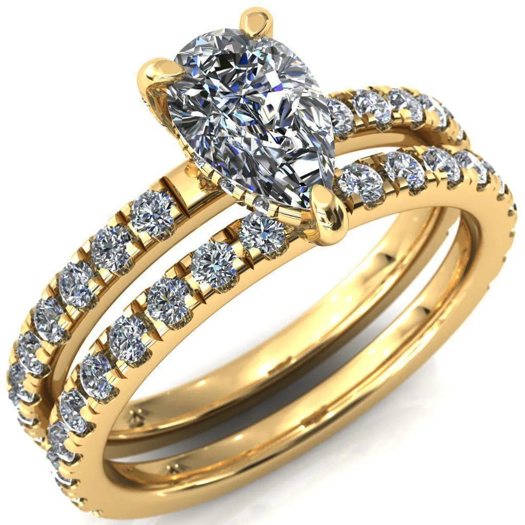 Daneli Pear Moissanite 3 Claw Prong Micro Pave Diamond Sides Engagement Ring
