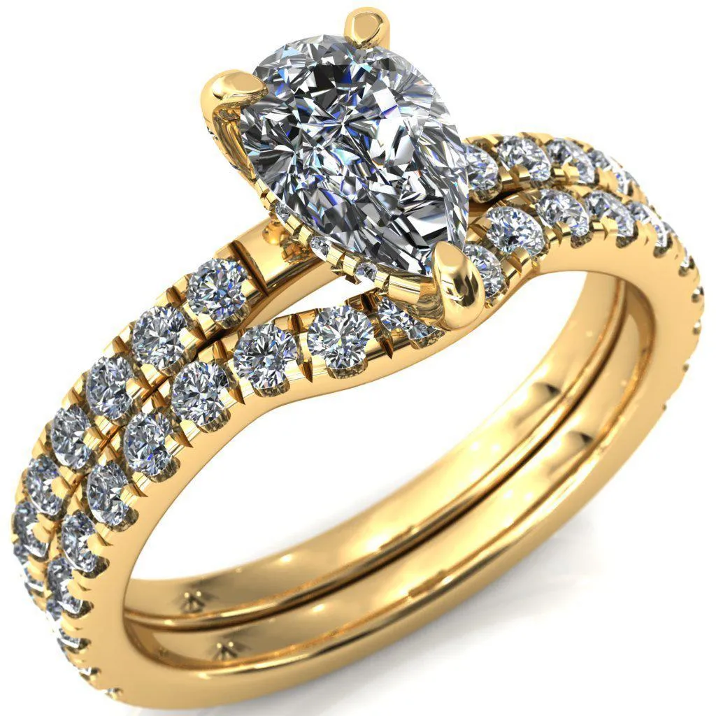 Daneli Pear Moissanite 3 Claw Prong Micro Pave Diamond Sides Engagement Ring