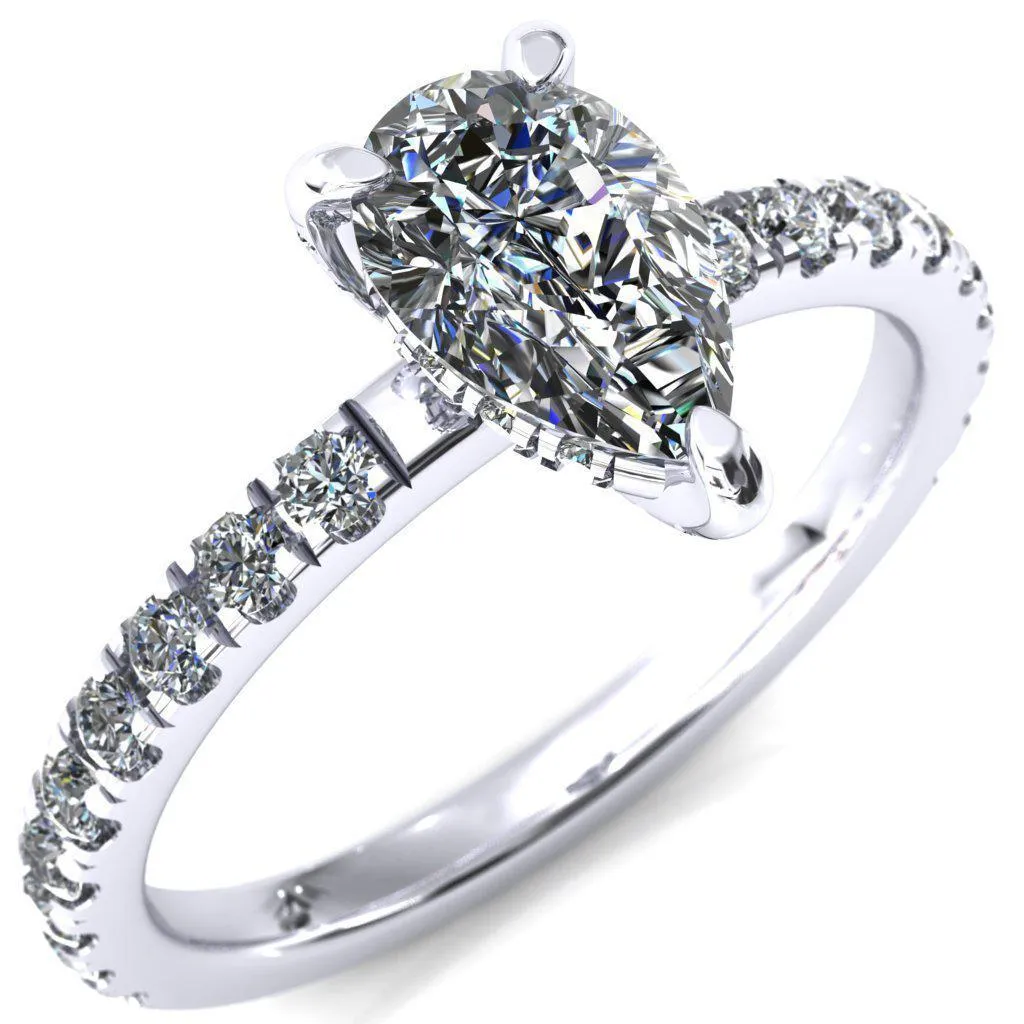 Daneli Pear Moissanite 3 Claw Prong Micro Pave Diamond Sides Engagement Ring
