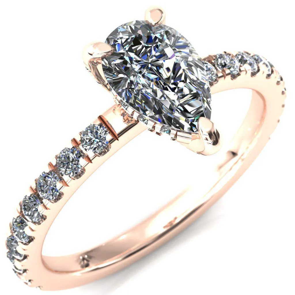 Daneli Pear Moissanite 3 Claw Prong Micro Pave Diamond Sides Engagement Ring