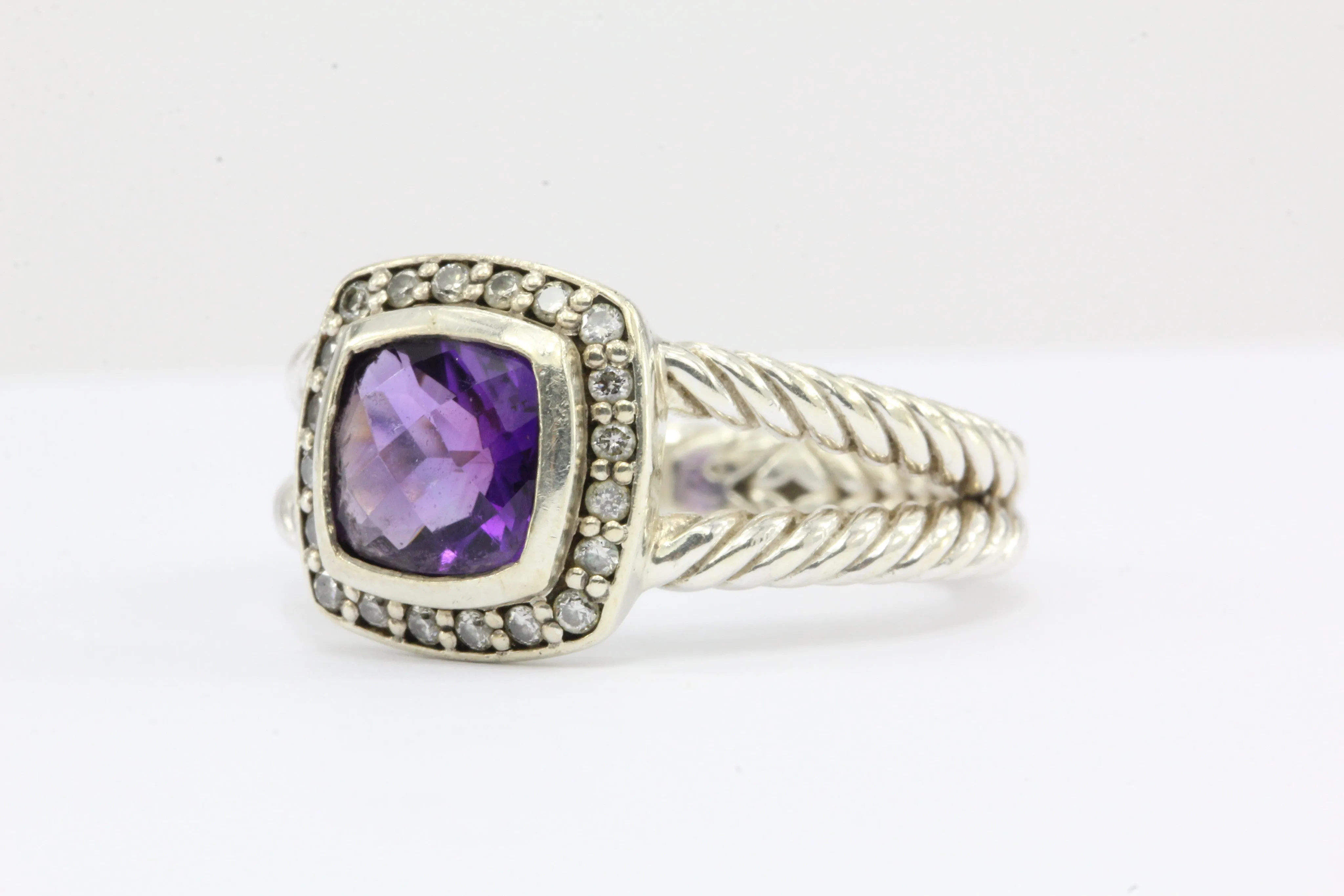David Yurman Sterling Silver Diamond & Amethyst Petite Albion Ring