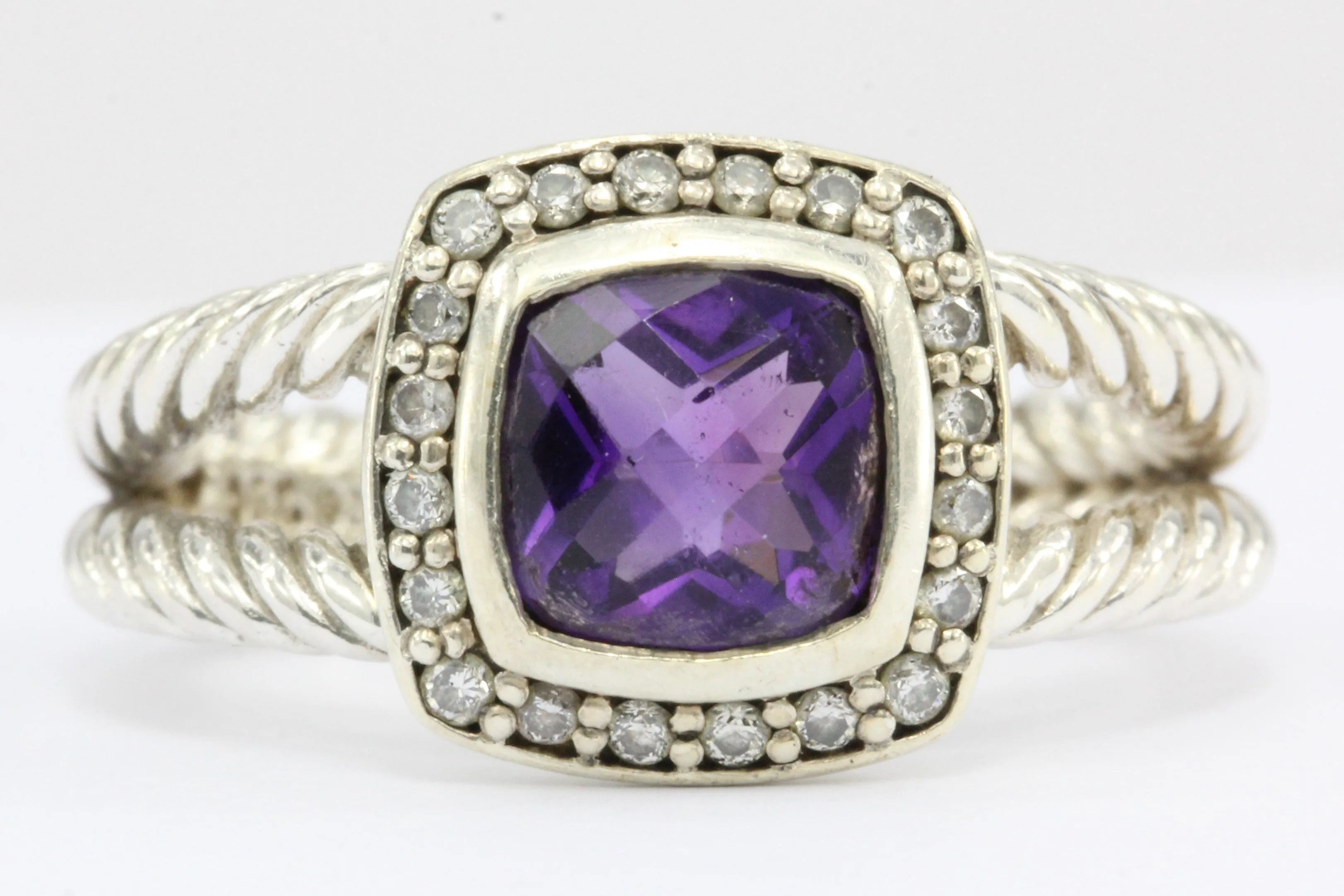 David Yurman Sterling Silver Diamond & Amethyst Petite Albion Ring