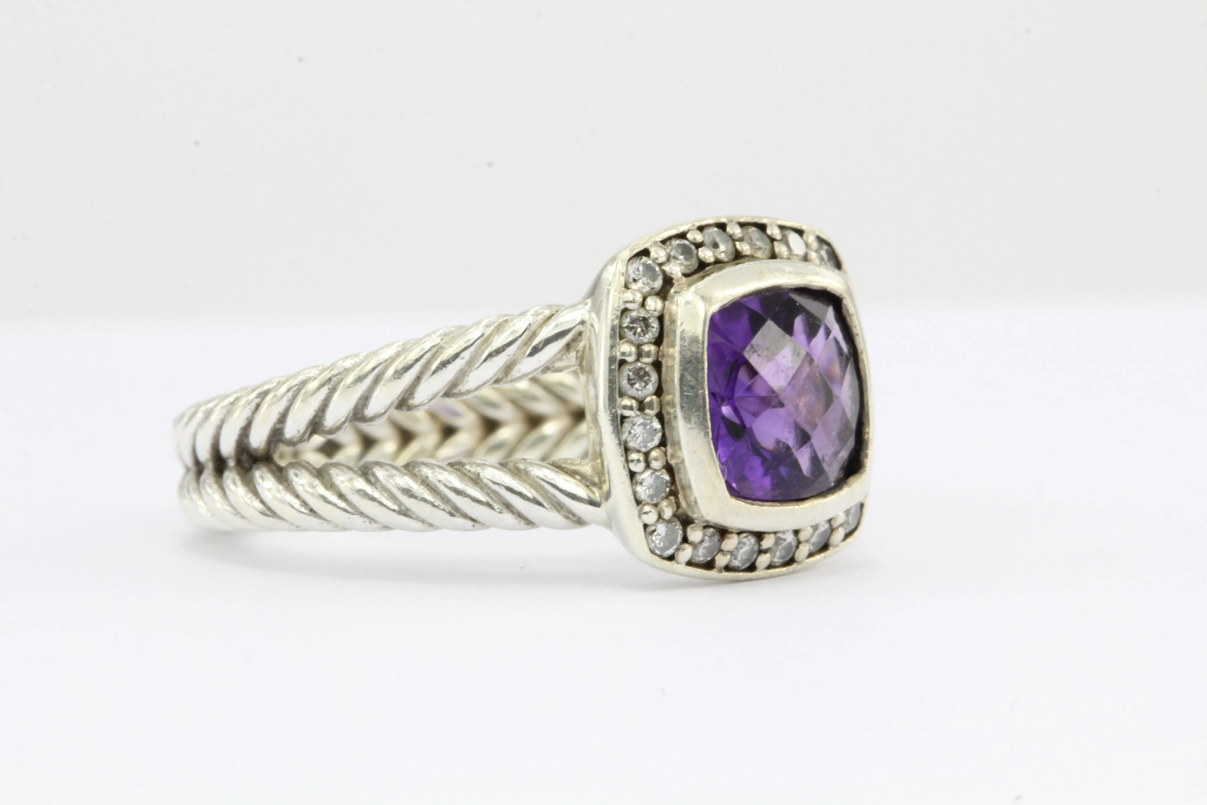 David Yurman Sterling Silver Diamond & Amethyst Petite Albion Ring