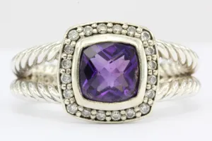 David Yurman Sterling Silver Diamond & Amethyst Petite Albion Ring