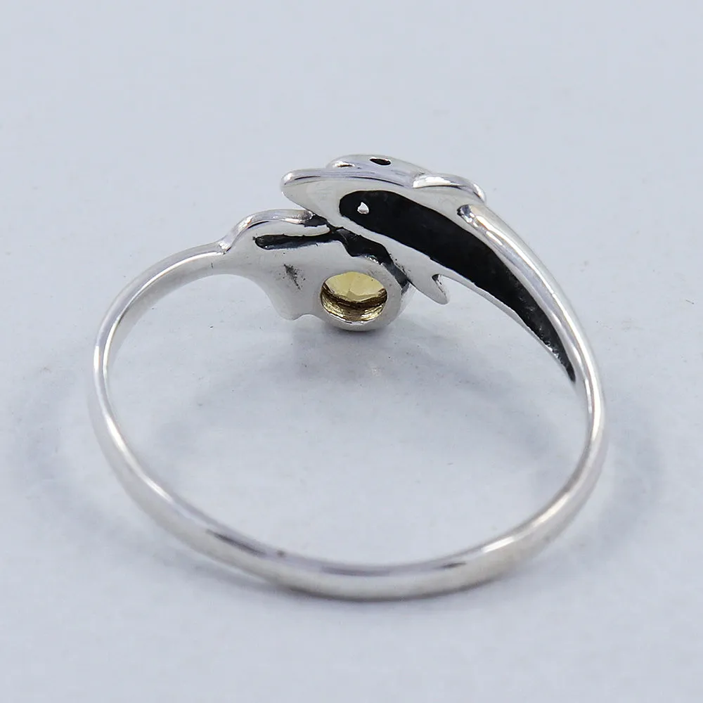Dolphin Design Peridot Birthstone 925 Silver Ring