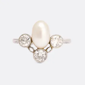 Edwardian Oval Pearl & Diamond Cocktail Ring