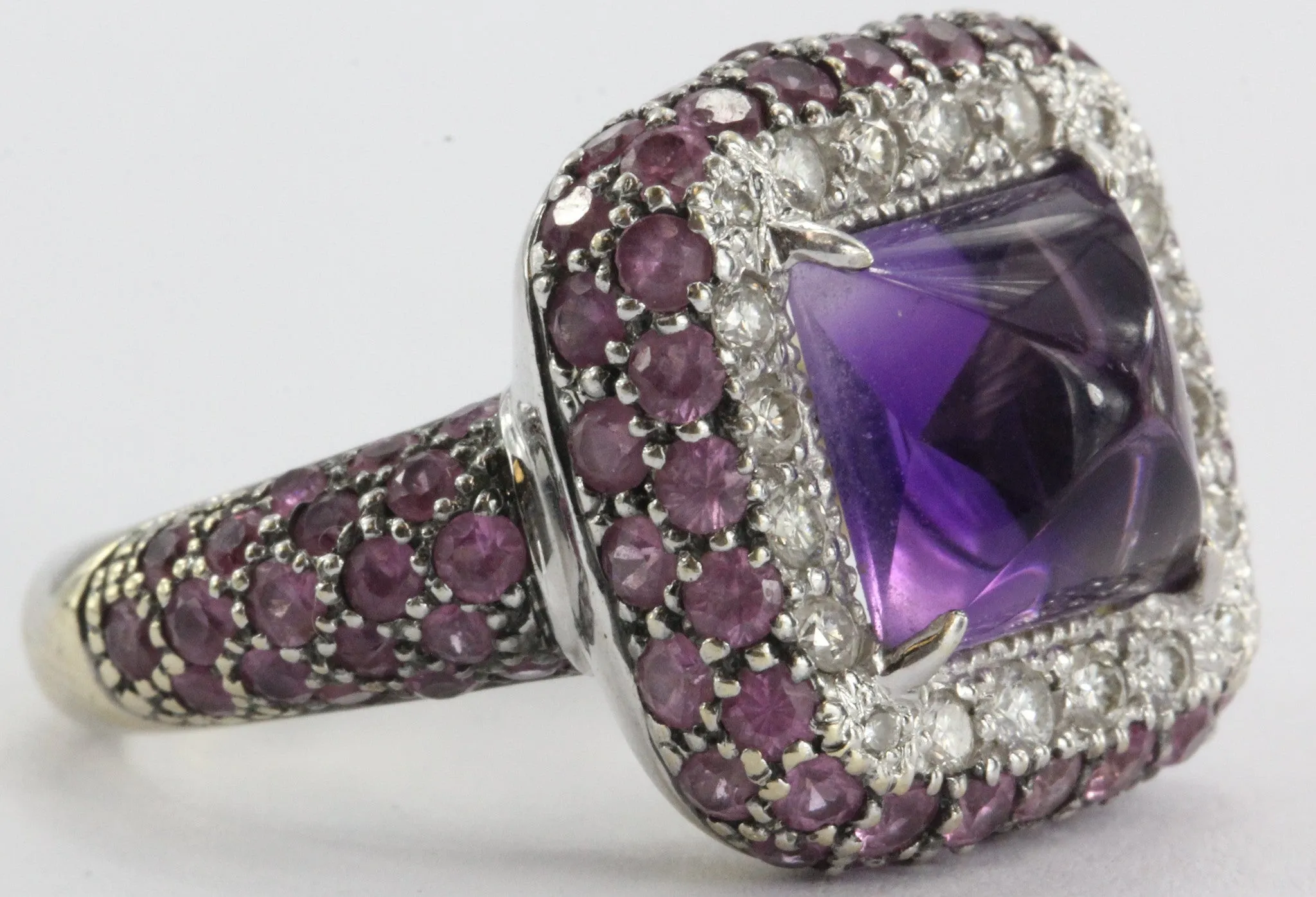 Estate 18k White Gold Amethyst, Diamond, & Pink Sapphire Chunky Ring