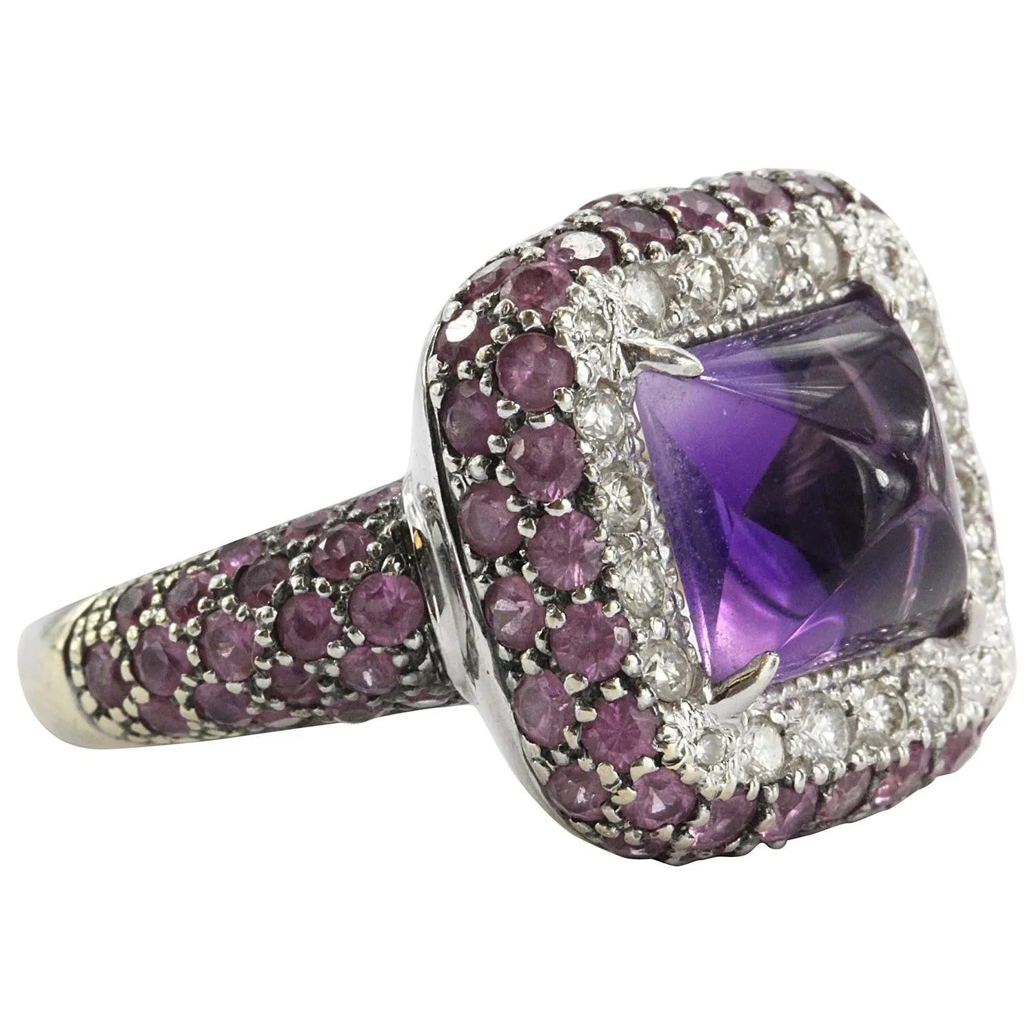 Estate 18k White Gold Amethyst, Diamond, & Pink Sapphire Chunky Ring