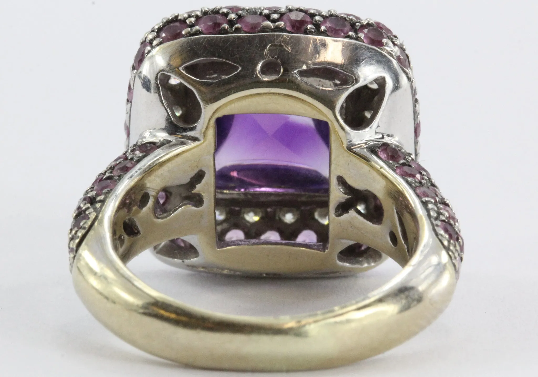 Estate 18k White Gold Amethyst, Diamond, & Pink Sapphire Chunky Ring