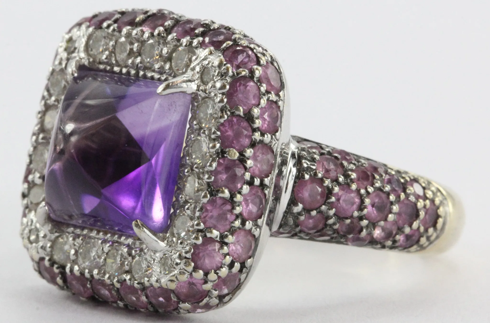 Estate 18k White Gold Amethyst, Diamond, & Pink Sapphire Chunky Ring