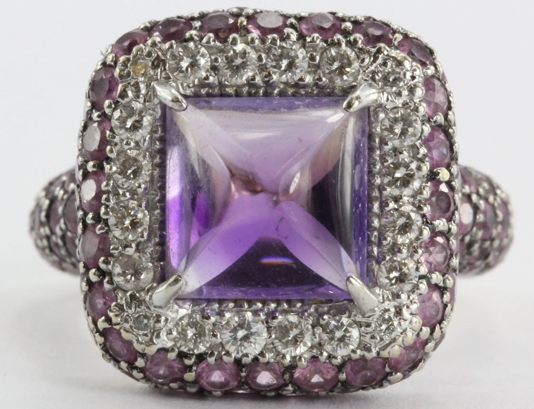 Estate 18k White Gold Amethyst, Diamond, & Pink Sapphire Chunky Ring