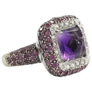 Estate 18k White Gold Amethyst, Diamond, & Pink Sapphire Chunky Ring