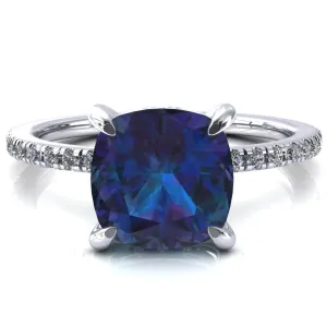 Ezili Cushion Alexandrite 4 Claw Prong Micro Pave Diamond Sides Engagement Ring