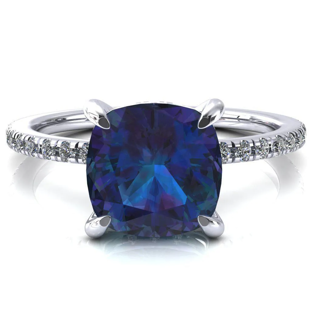 Ezili Cushion Alexandrite 4 Claw Prong Micro Pave Diamond Sides Engagement Ring