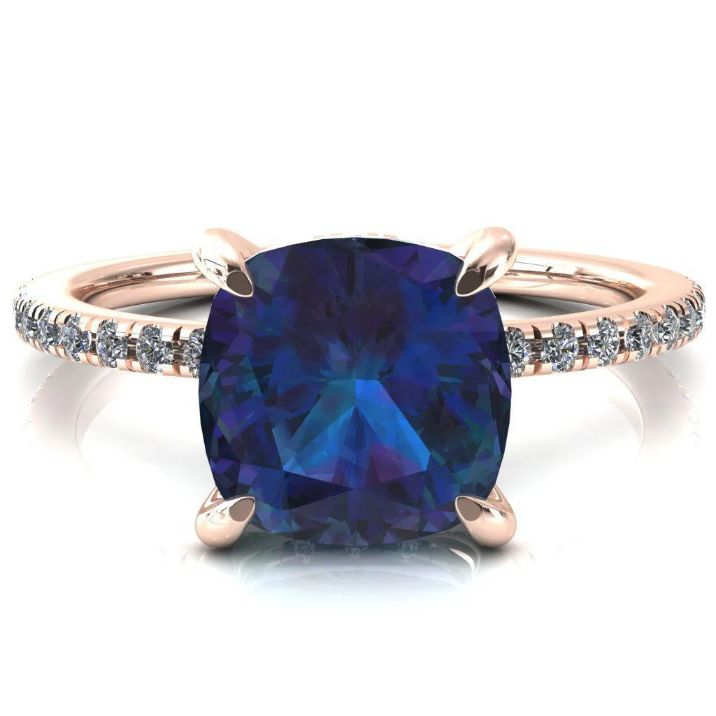 Ezili Cushion Alexandrite 4 Claw Prong Micro Pave Diamond Sides Engagement Ring
