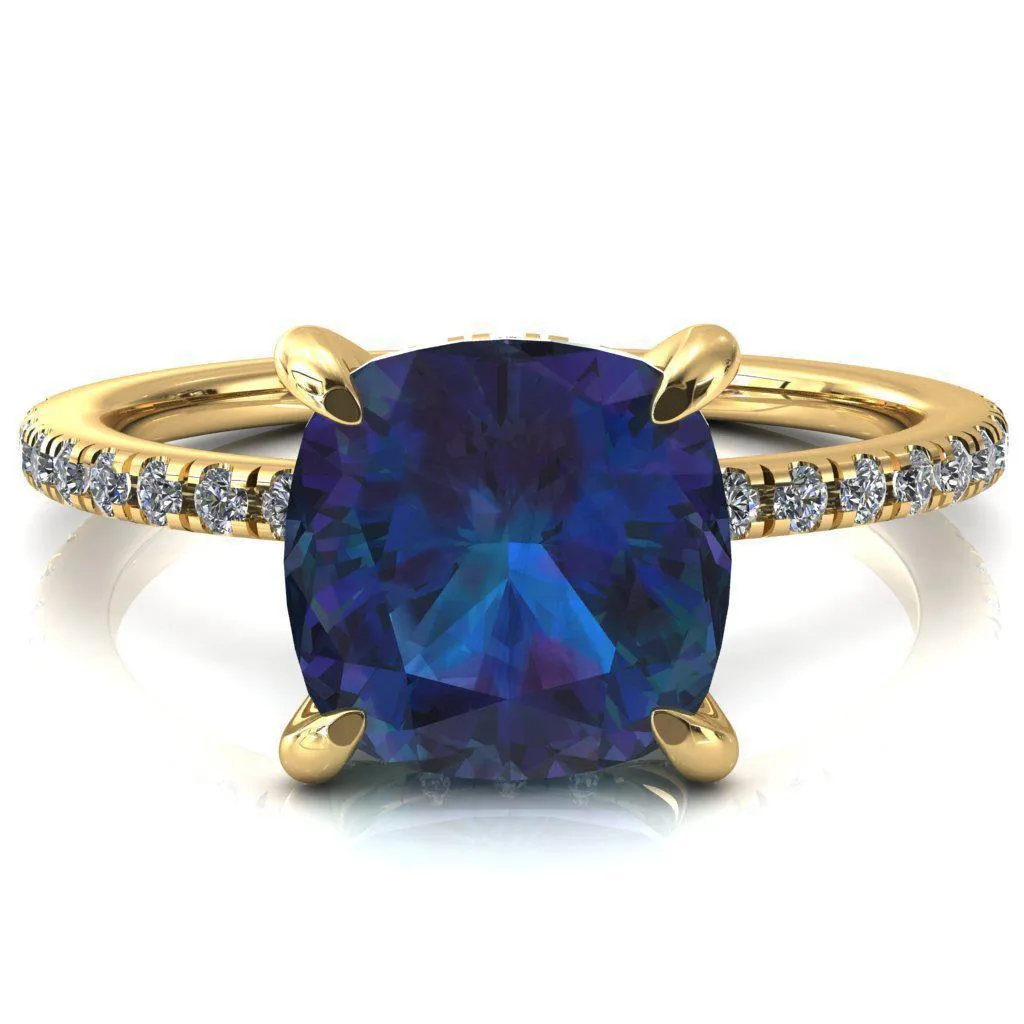 Ezili Cushion Alexandrite 4 Claw Prong Micro Pave Diamond Sides Engagement Ring
