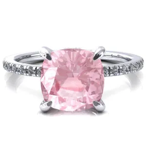 Ezili Cushion Pink Sapphire 4 Claw Prong Micro Pave Diamond Sides Engagement Ring