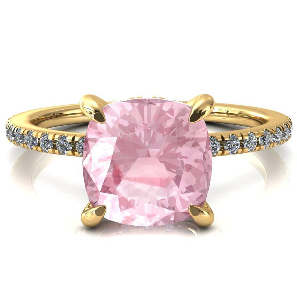 Ezili Cushion Pink Sapphire 4 Claw Prong Micro Pave Diamond Sides Engagement Ring