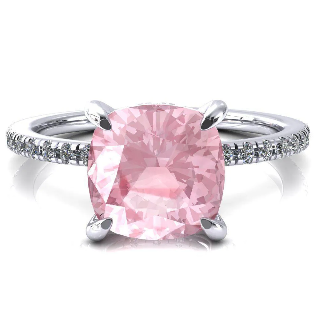 Ezili Cushion Pink Sapphire 4 Claw Prong Micro Pave Diamond Sides Engagement Ring